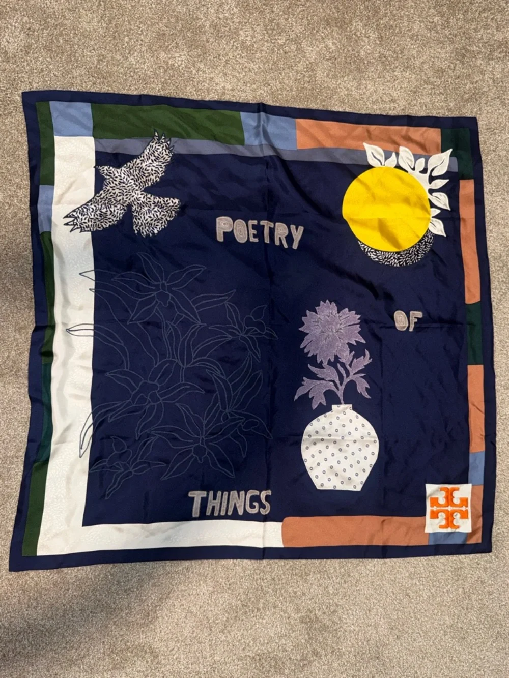 Tory Burch Navy Blue Yellow Multicolor 'Poetry Of' Silk Scarf - Picture 2 of 3